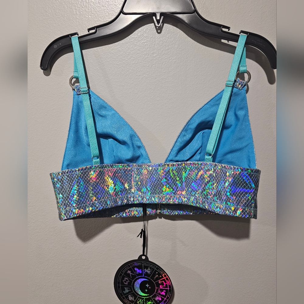 Dolls kill Horoscopez Buy My Luv Blue Holographic Bustier Bra Zip Crop Top XS S - Picture 2 of 3